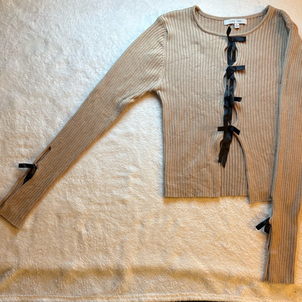 Love Tree Taupe Ribbed Cardigan with Black Ribbon Ties